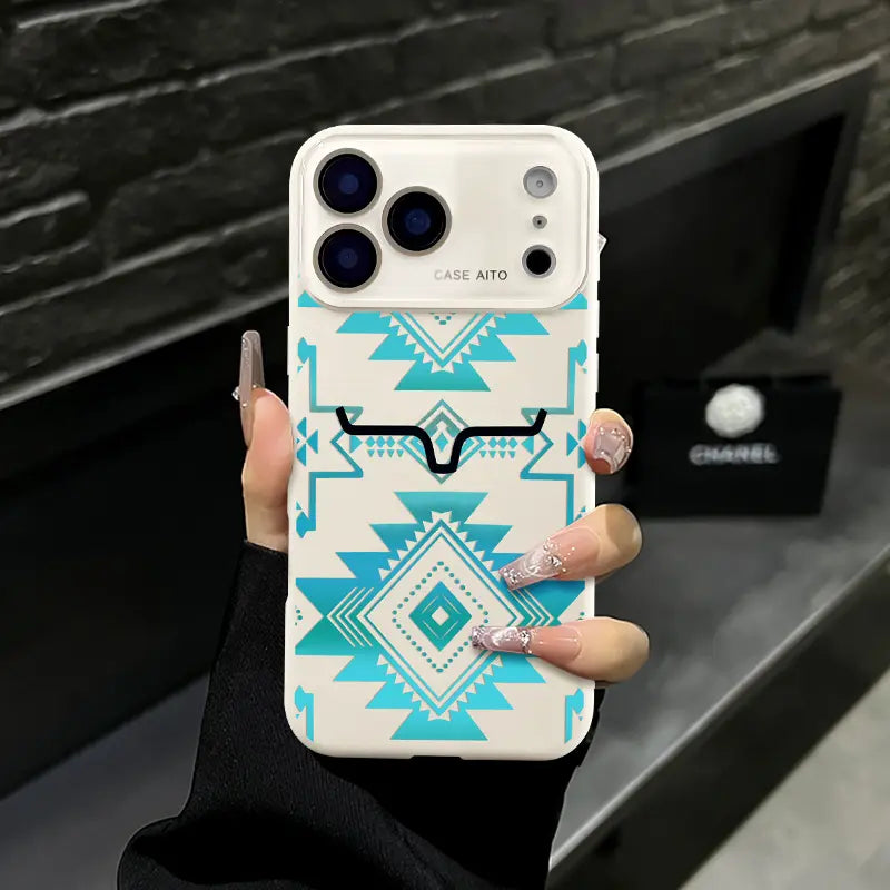 Aesthetic Western Aztec Turquoise Bull Head Phone Case for iPhone 17 Pro Max – Southwestern Tribal Shockproof Protective Cover