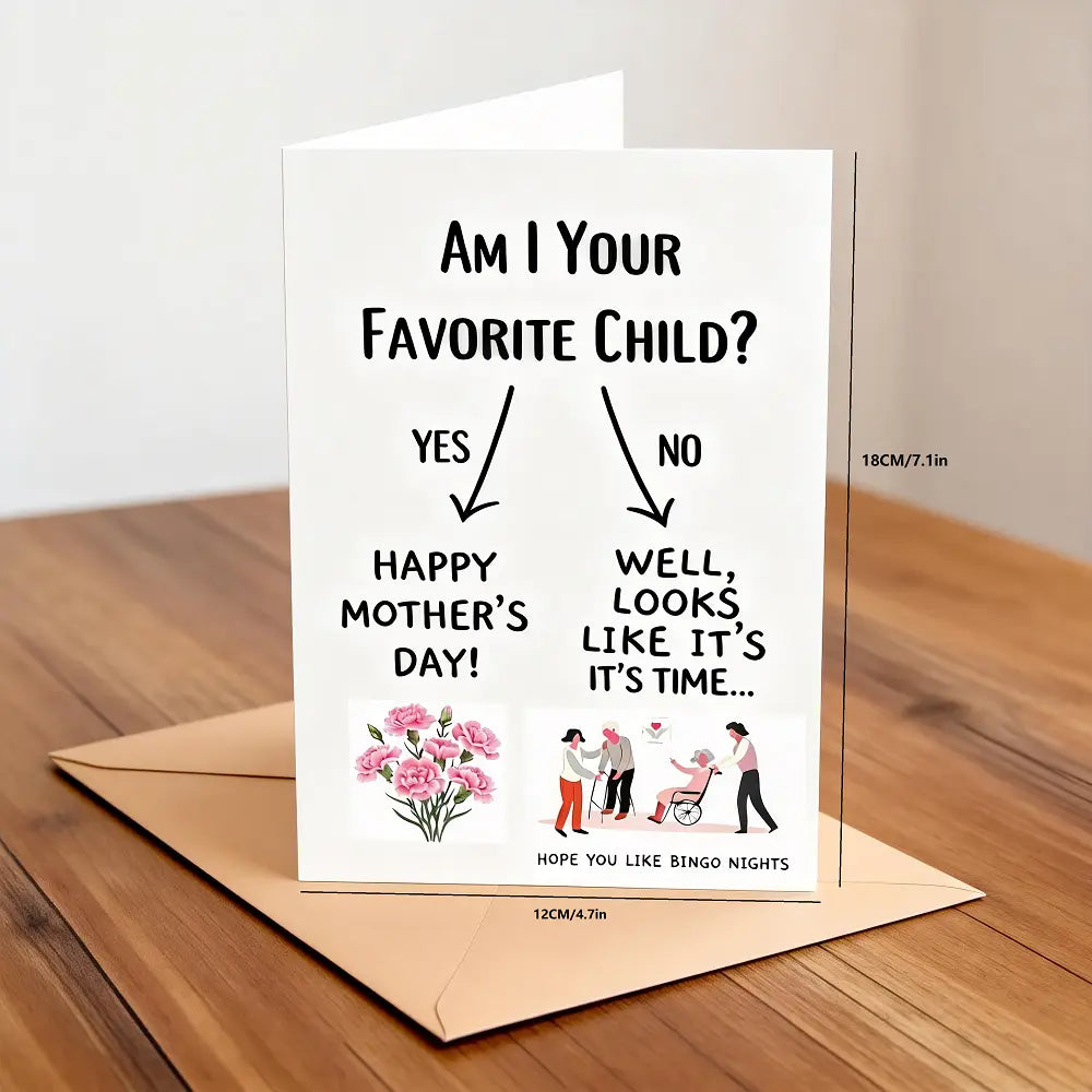 Funny Mother’s Day Card - "Favorite Child" Gag Gift for Mom, Humorous Birthday Card, "Hope You Like Bingo" Joke Card, Blank Inside with Premium Kraft Envelope
