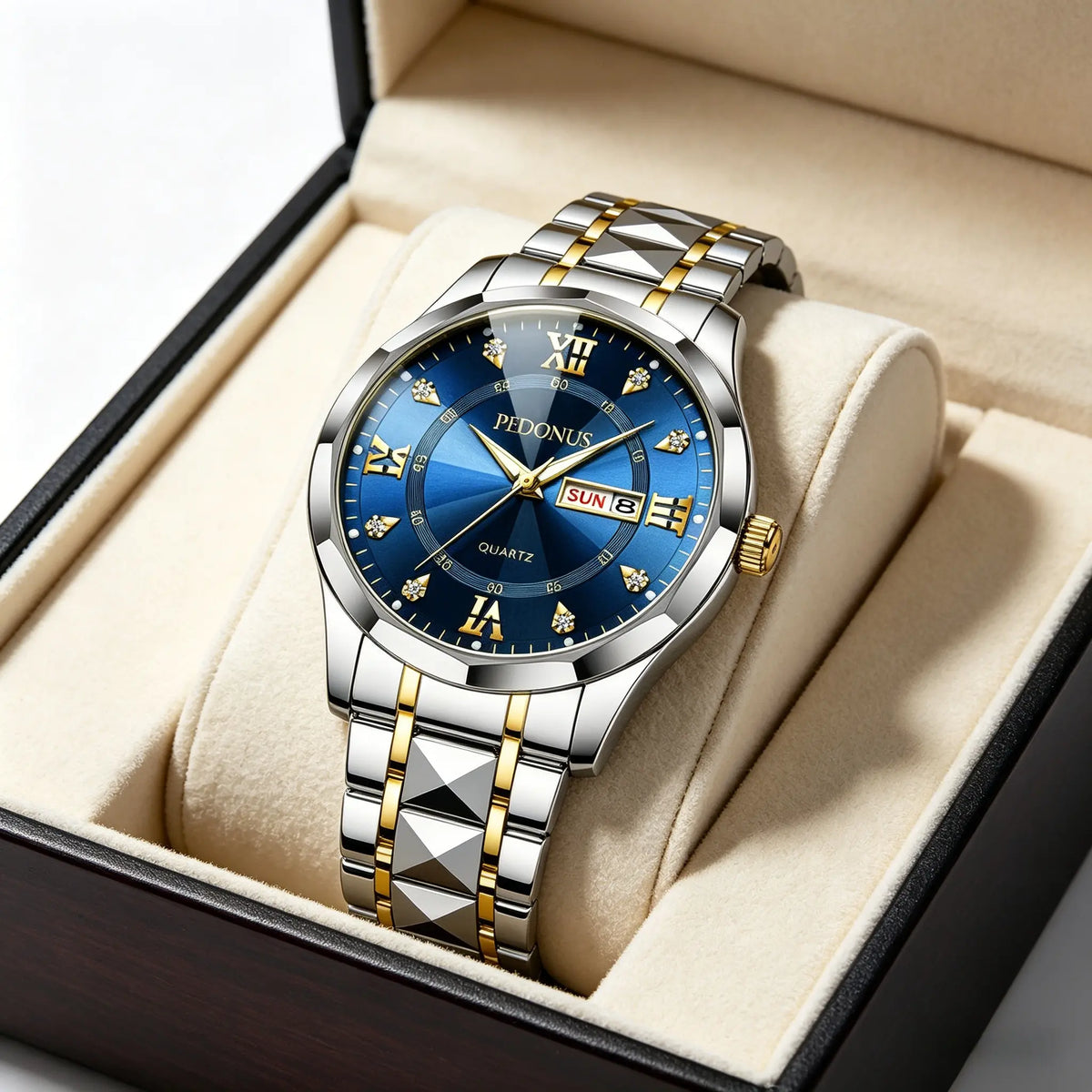 Men's Business Luminous Quartz Watch – Stainless Steel Gold-Accent Band & Blue Day/Date Dial
