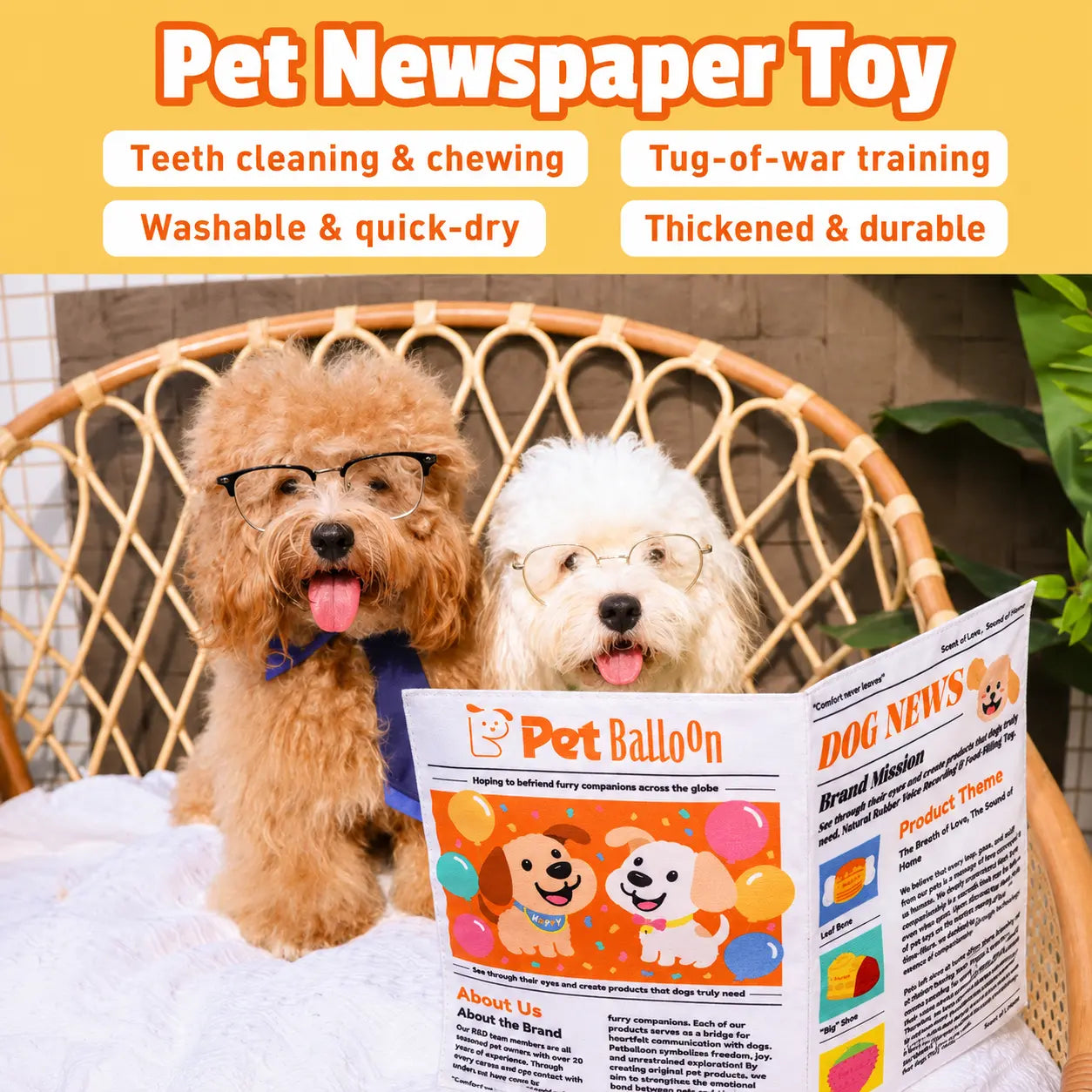 Durable Crinkle Balloon Dog Toy - Newspaper Print Chew Toy for Boredom Relief & Teeth Cleaning