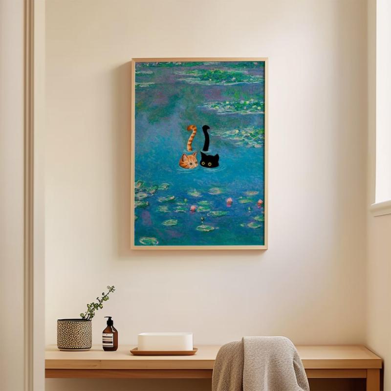Black and Orange Cat Print Monet Waterlily Funny Wall Art Poster for Home Valentines Day Decor