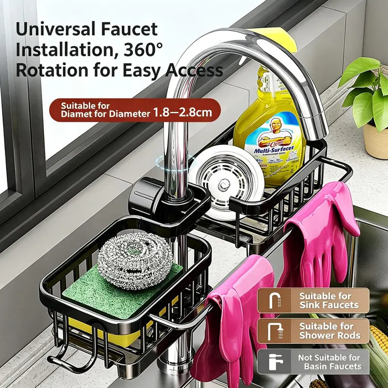 Stainless Steel Hanging Faucet Drain Rack with Drip Tray – Detachable Sponge & Brush Holder