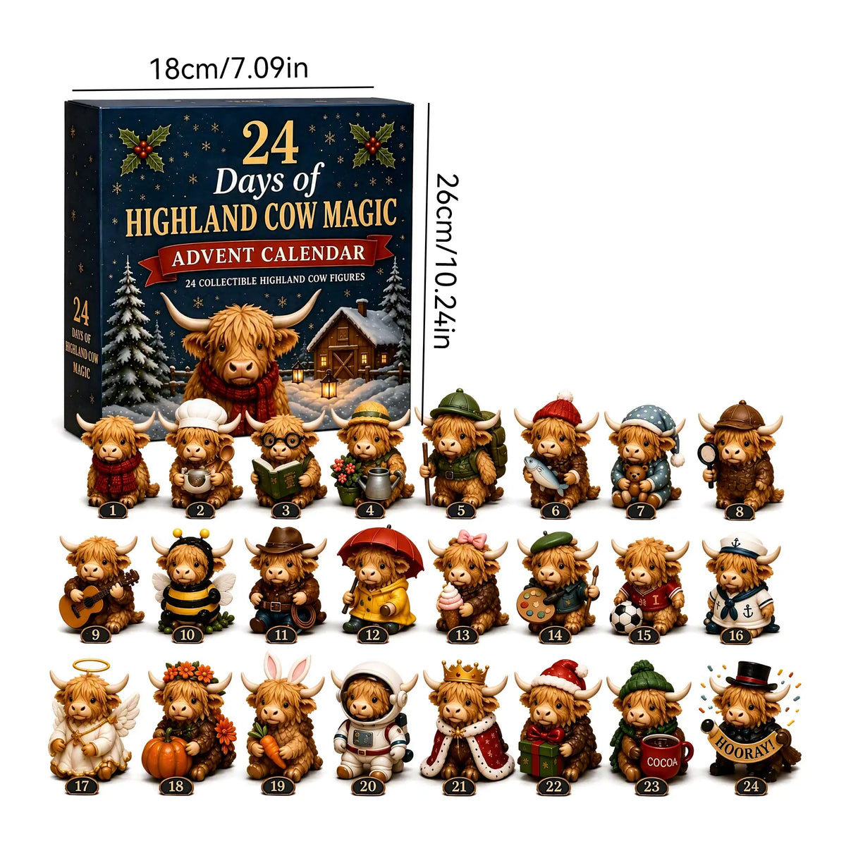 24-Day Highland Cow Christmas Advent Calendar – Festive Countdown Decor & Toy Set