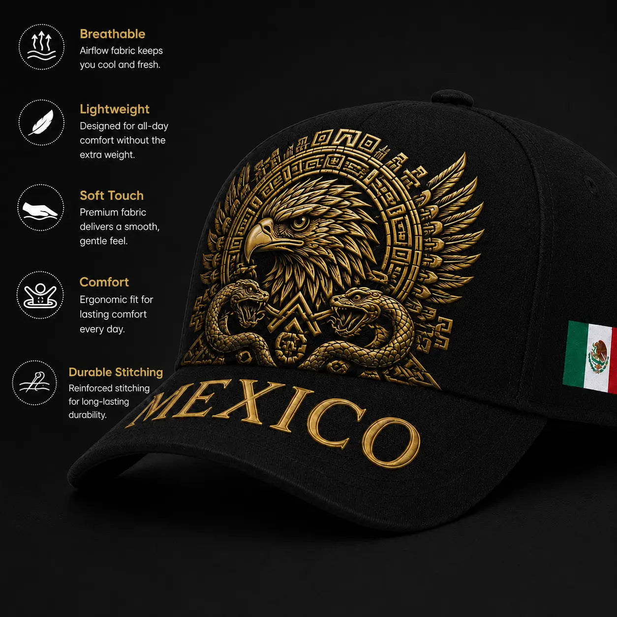 Mexico Embroidered Snapback Cap – Golden Aztec Eagle Adjustable Sports Hat