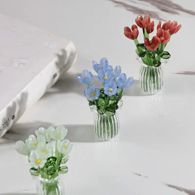 Handcrafted Mini Glass Artificial Flower Set – 10Faux Flowers with Vase Decorative Bouquet