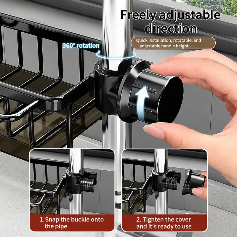 Stainless Steel Hanging Faucet Drain Rack with Drip Tray – Detachable Sponge & Brush Holder