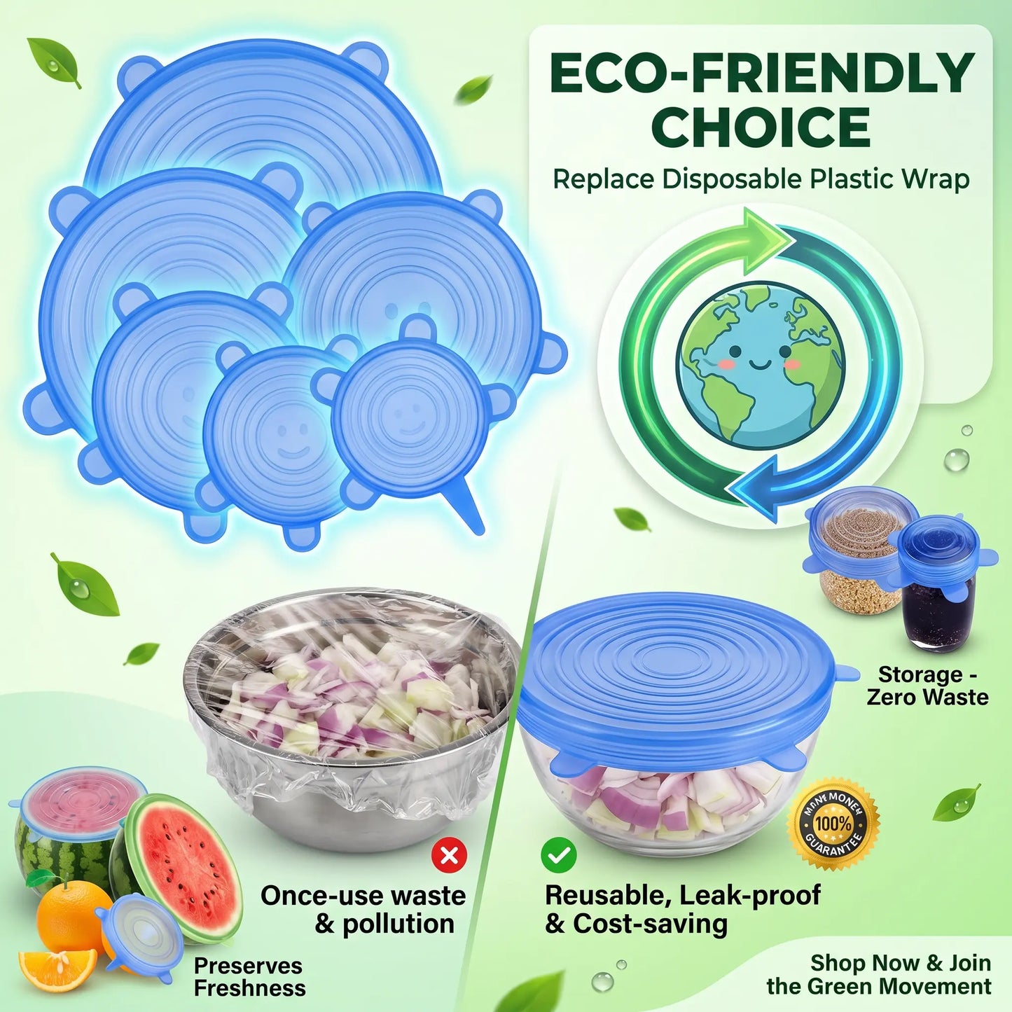 6-Pack Universal Reusable Silicone Lids – Self-Sealing Food Covers for Various Container Sizes