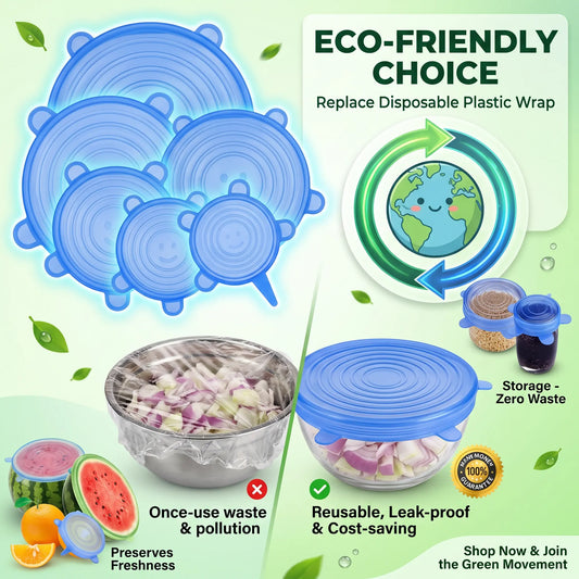 6-Pack Universal Reusable Silicone Lids – Self-Sealing Food Covers for Various Container Sizes