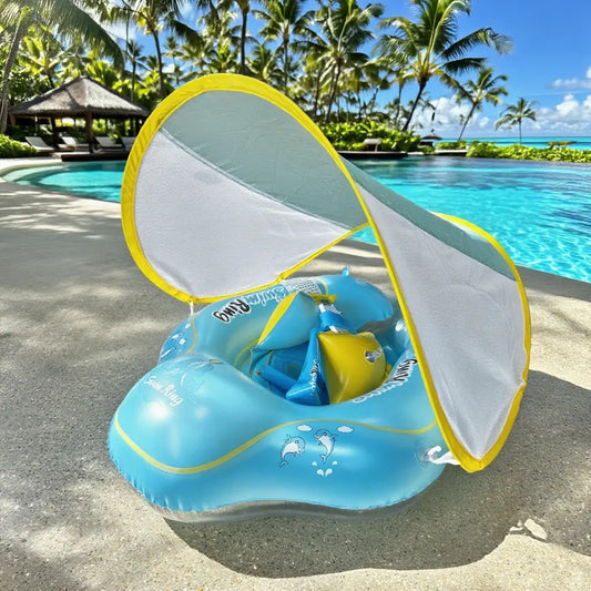 【Summervibes】Inflatable Swim Ring with Canopy, Kiddie Inflatable PVC Swim Ring with Sunshade, Water Play Sun Protection Lifebuoy, Beginner Swimming Inflatable Swim Ring, Inflatable Pool Floaters