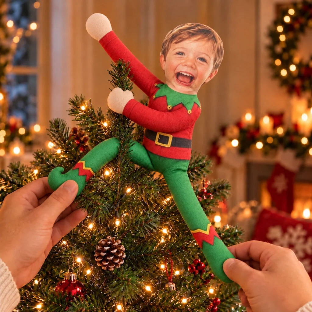 Personalized Photo Squishy Plush Doll, Playful Elf Poses in a Cozy Christmas Room, Unique Gift for Family - 6