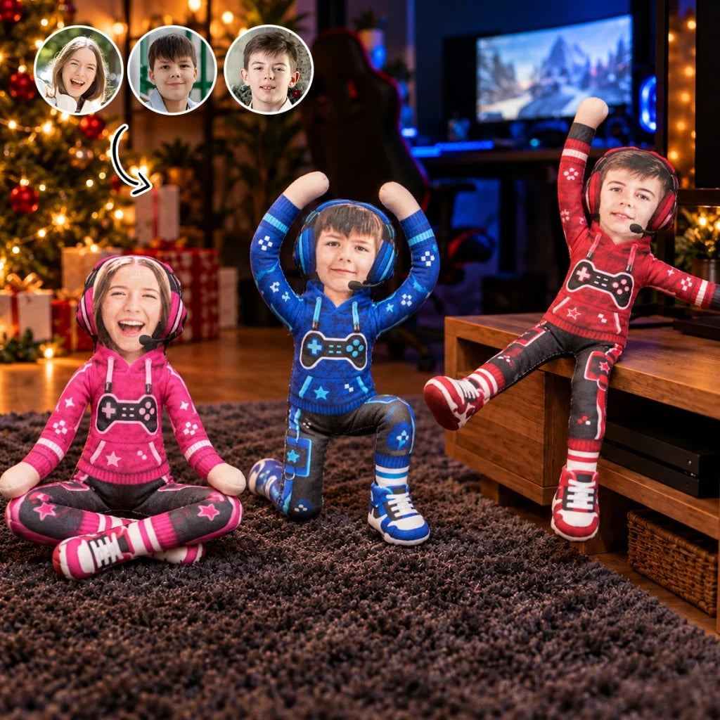 Personalized Photo Squishy Plush Doll, Gamer Pose in a Cozy Gaming Room, Unique Christmas Gift for Kids - 1