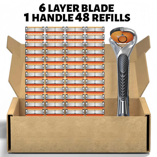 Ultra-Sharp 6-Blade Men's Razor Kit 24/48 Refill Cartridges Plus Free Handle for a Smooth Shave