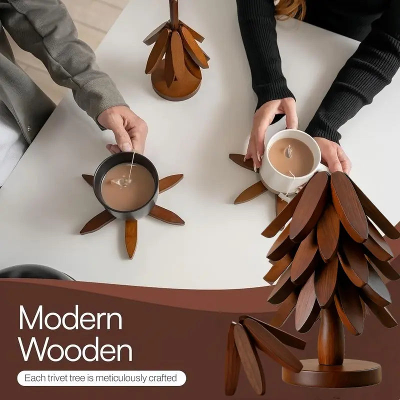 Foldable Walnut Wood Trivet Set – 5 Heat Resistant Coasters with Tree Stand