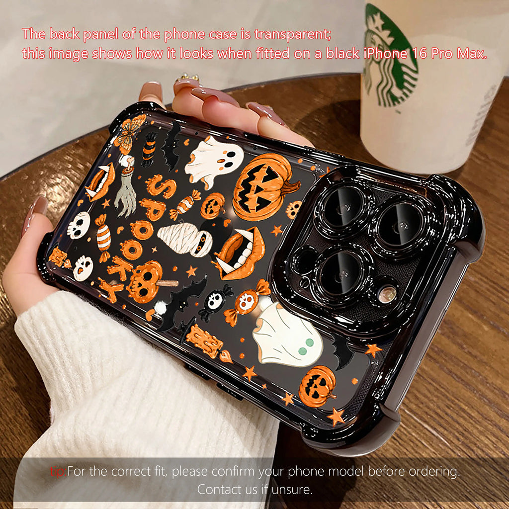 Cute Candy Pumpkin & Ghost Transparent Phone Case for iPhone 17 Pro Max – 4-Corner Anti-Fall Shockproof Cover