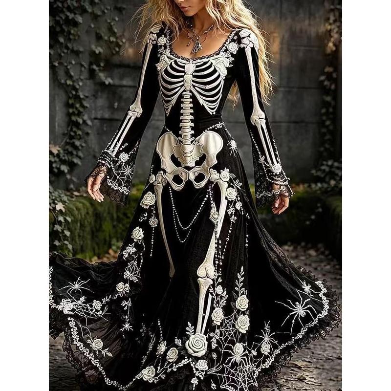 Women's Autumn Vintage Court Style Horn-Sleeve High-Waist Dress for Halloween