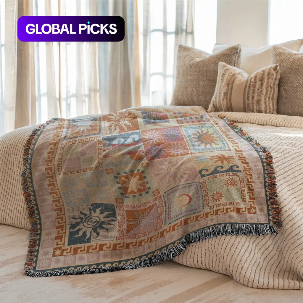 Boho Geometric Tassel Woven Throw Blanket for Bed, Sofa & Wall Décor