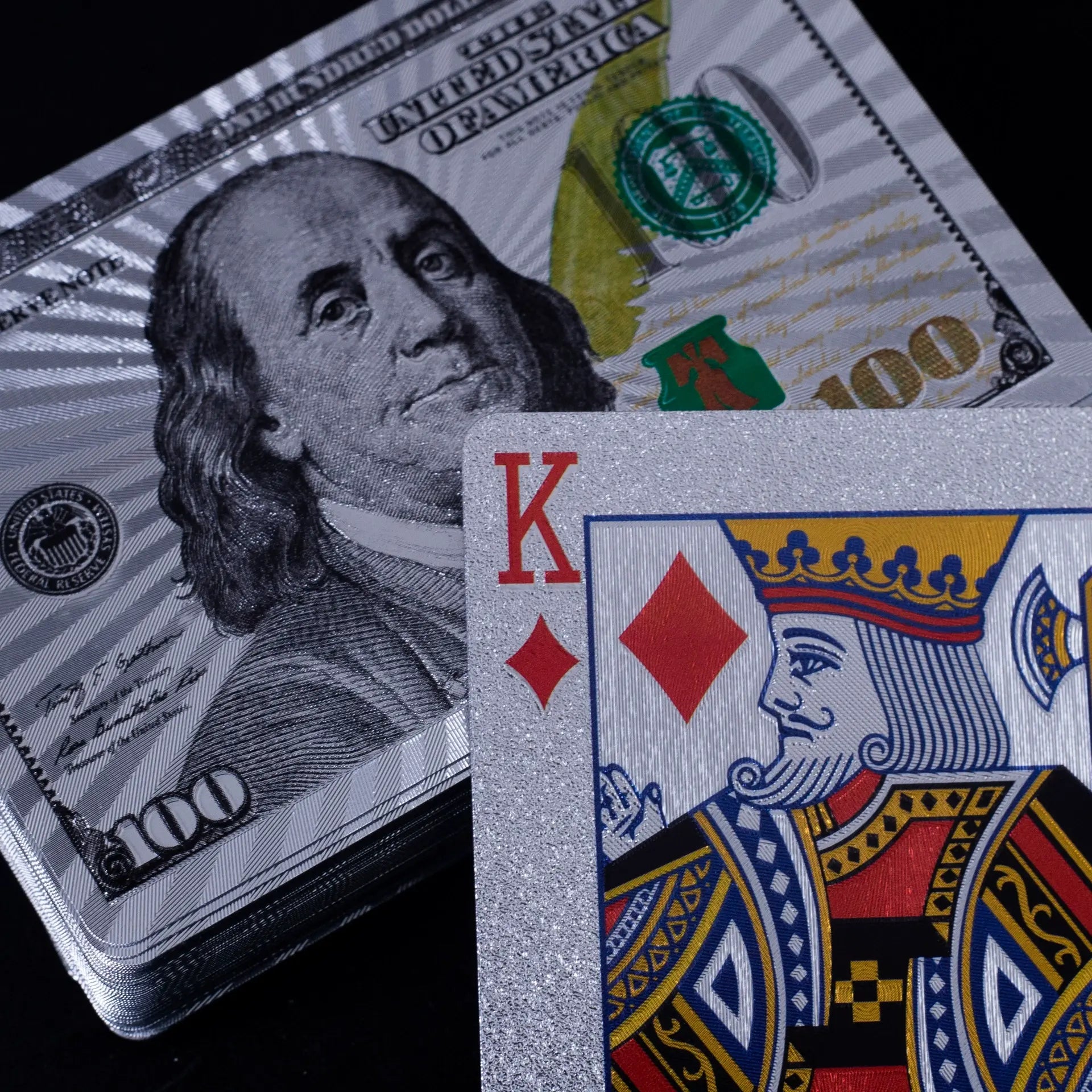 Naipes Impermeables Metálicos C-Note – Baraja de Póker Premium con Acabado Diamantado Oro y Plata