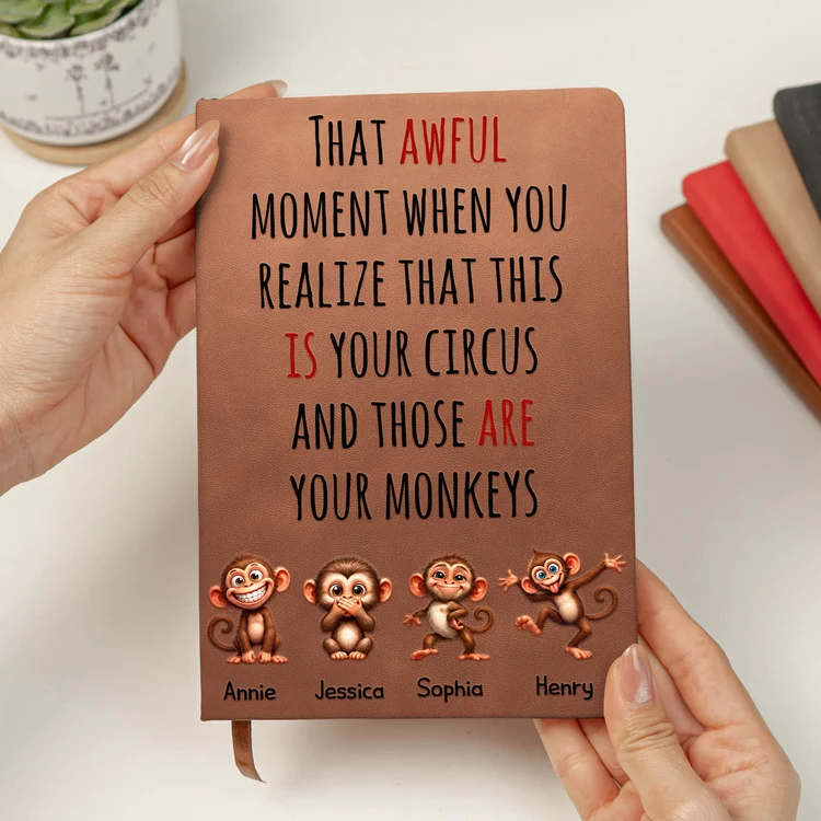 Personalized Leather Journal, Your Circus Quote and Playful Monkeys, Creative Gift for Boss or Friend - 2
