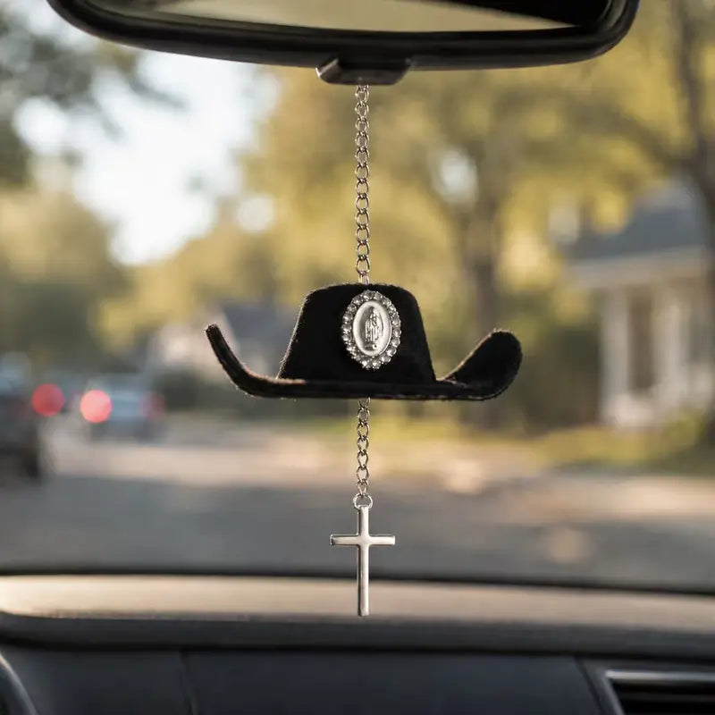 Handmade St. Jude Black Sombrero Car Blessing Charm – Faith Protection Rearview Mirror Ornament