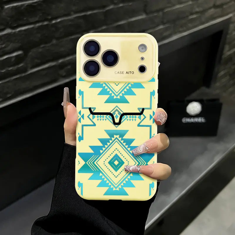 Aesthetic Western Aztec Turquoise Bull Head Phone Case for iPhone 17 Pro Max – Southwestern Tribal Shockproof Protective Cover