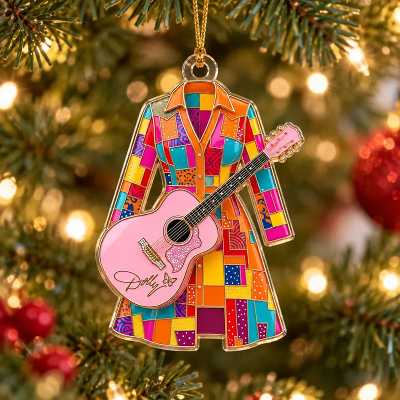 Dolly Coat of Many Colors Pink Guitar Christmas Tree Ornament – Country Music Fan Gift