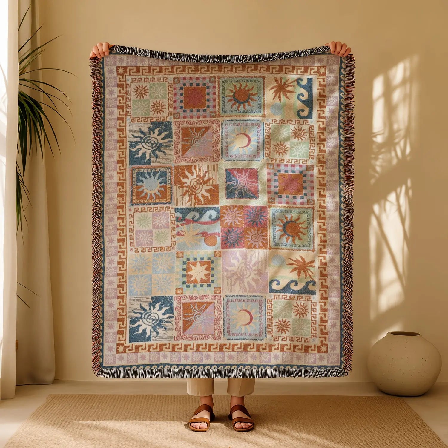 Boho Geometric Tassel Woven Throw Blanket for Bed, Sofa & Wall Décor