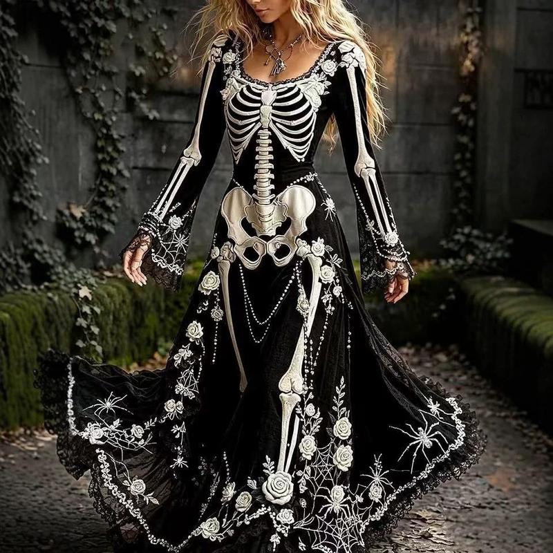 Women's Autumn Vintage Court Style Horn-Sleeve High-Waist Dress for Halloween