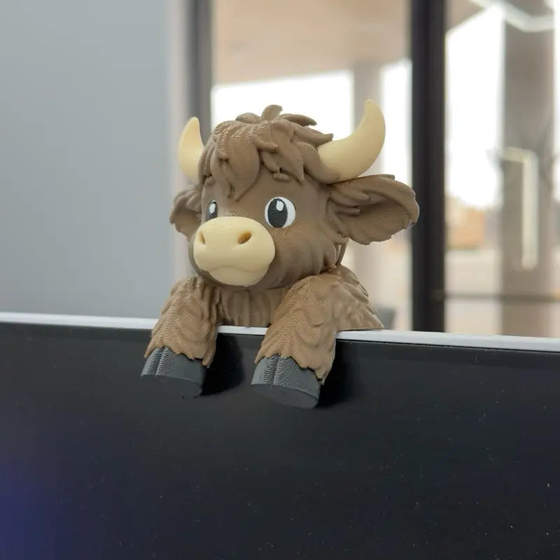 Highland Cow Monitor Buddy & Screen Sitter – 3D Printed Emotional Support Office Desk Companion