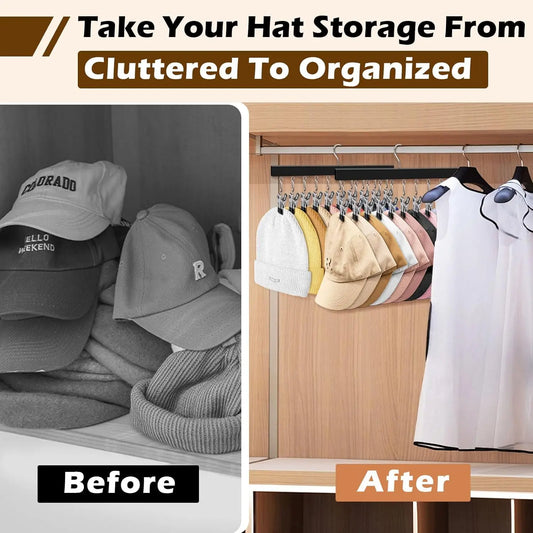 Wooden Hat Organizer with 12 Stainless Steel Clips - Multi Hanger for Baseball Caps