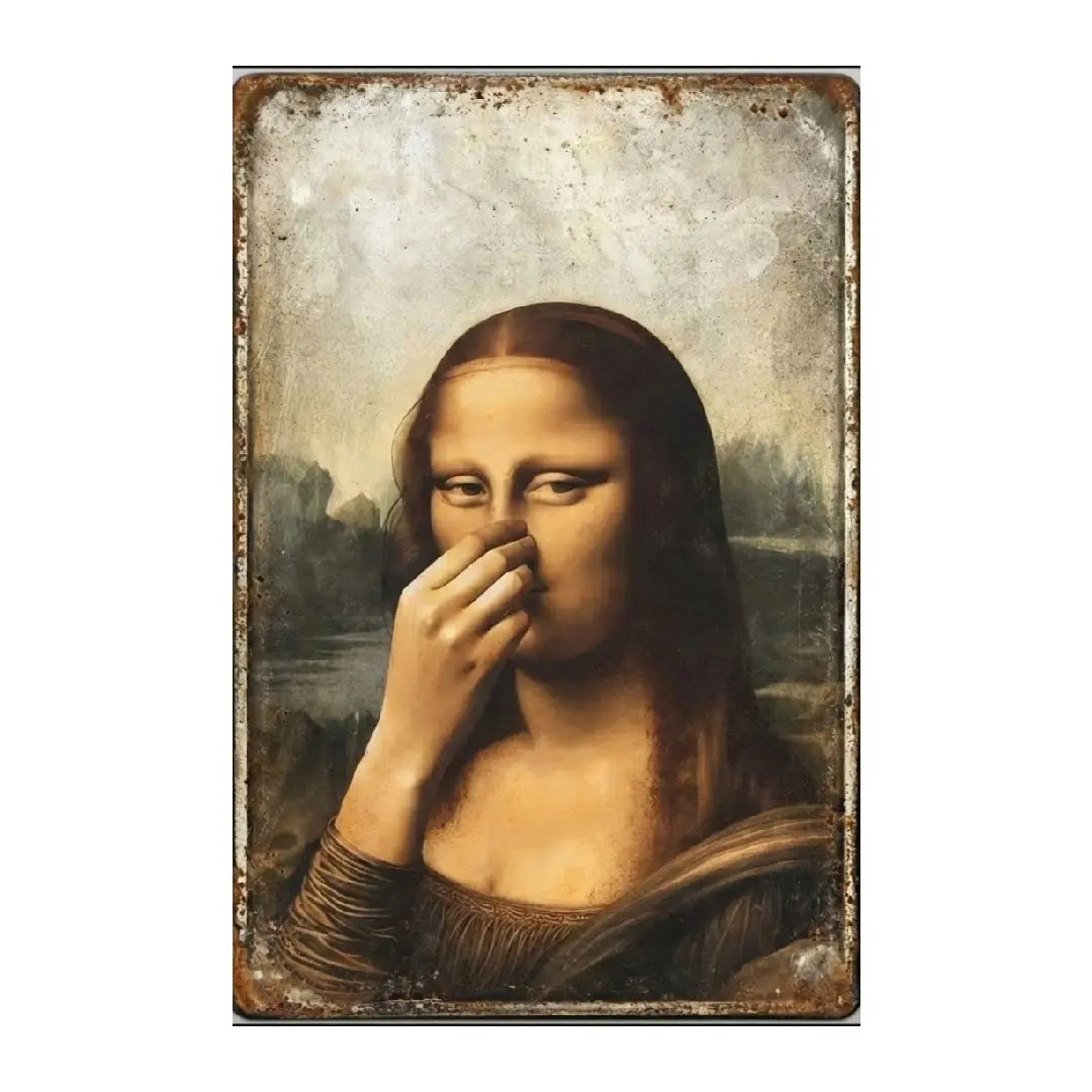 Mona Lisa Bathroom Metal Sign Funny Vintage Toilet Wall Decor Nose Pinching Stink Humor Da Vinci Inspired Rustic Metal Plaque 08*12 inch