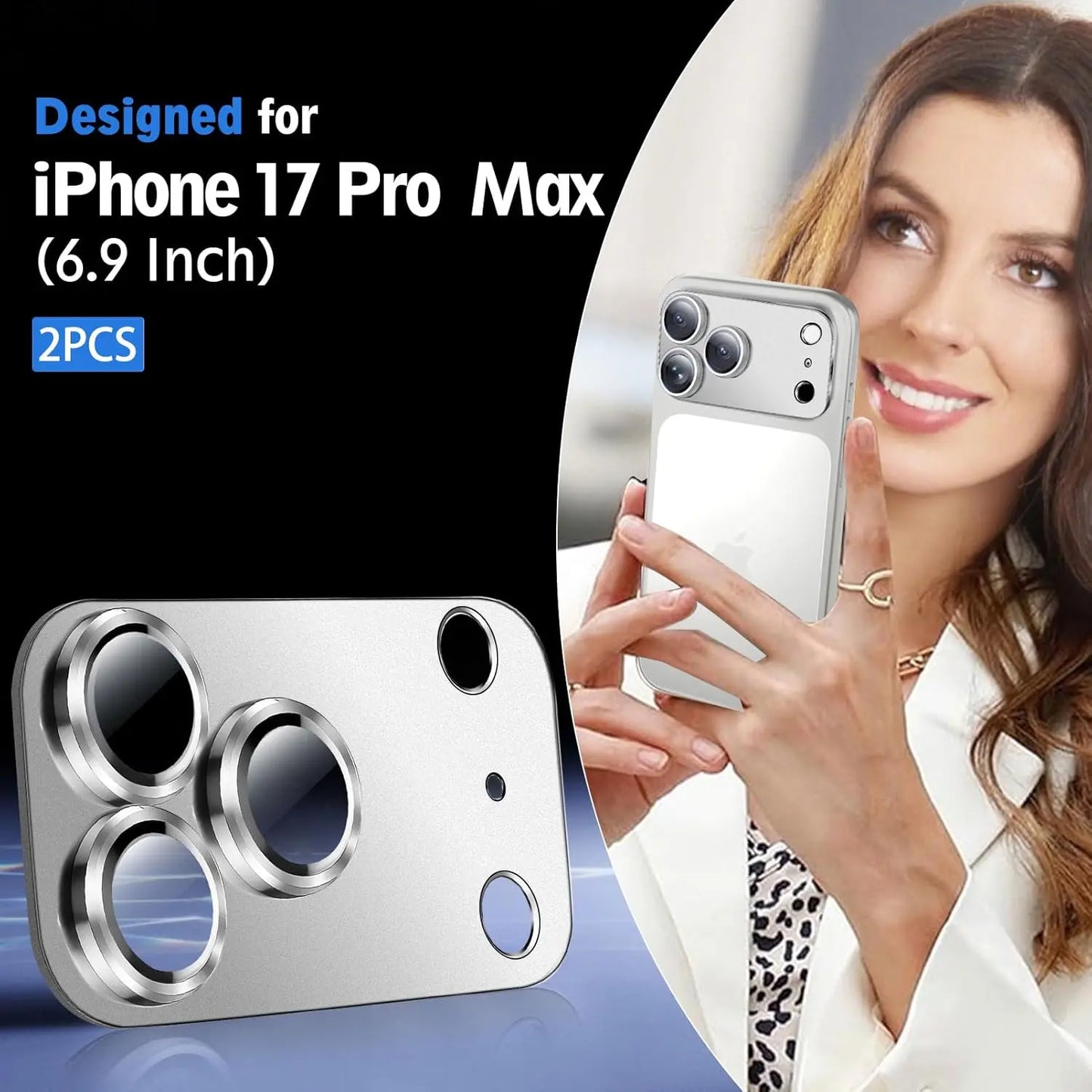 2 Pack iPhone 17 Pro Max Camera Lens Protector – Metal Aluminum Tempered Glass, Military Grade, Case Friendly, Silver