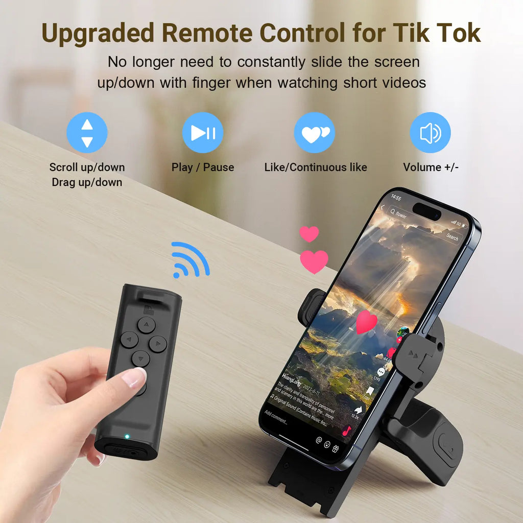 TikTok Remote Scroller & Phone Stand – Wireless Page Turner & Camera Shutter for iPhone & Android