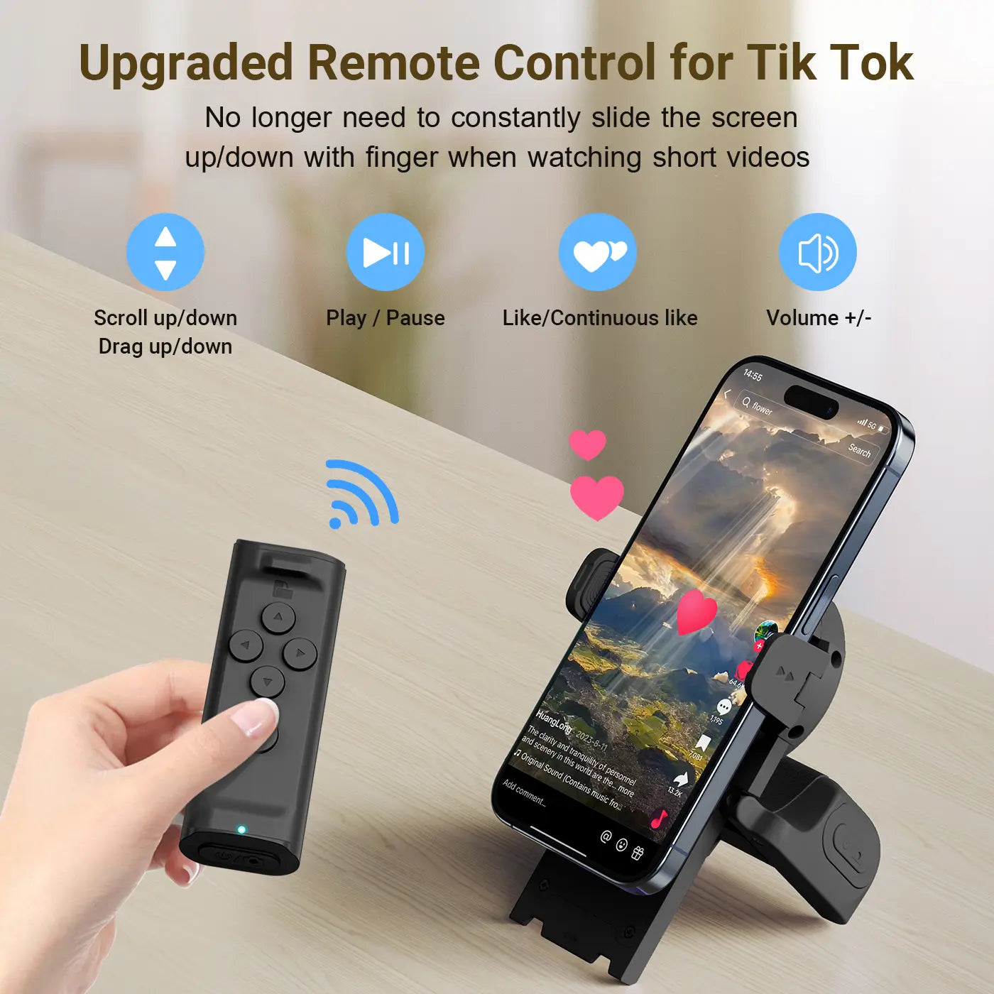 TikTok Remote Scroller & Phone Stand – Wireless Page Turner & Camera Shutter for iPhone & Android