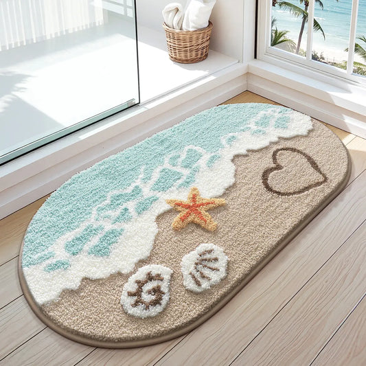 Coastal Beach Bathroom Rug – Soft Absorbent Non-Slip Bath Mat with Starfish & Seashell Design