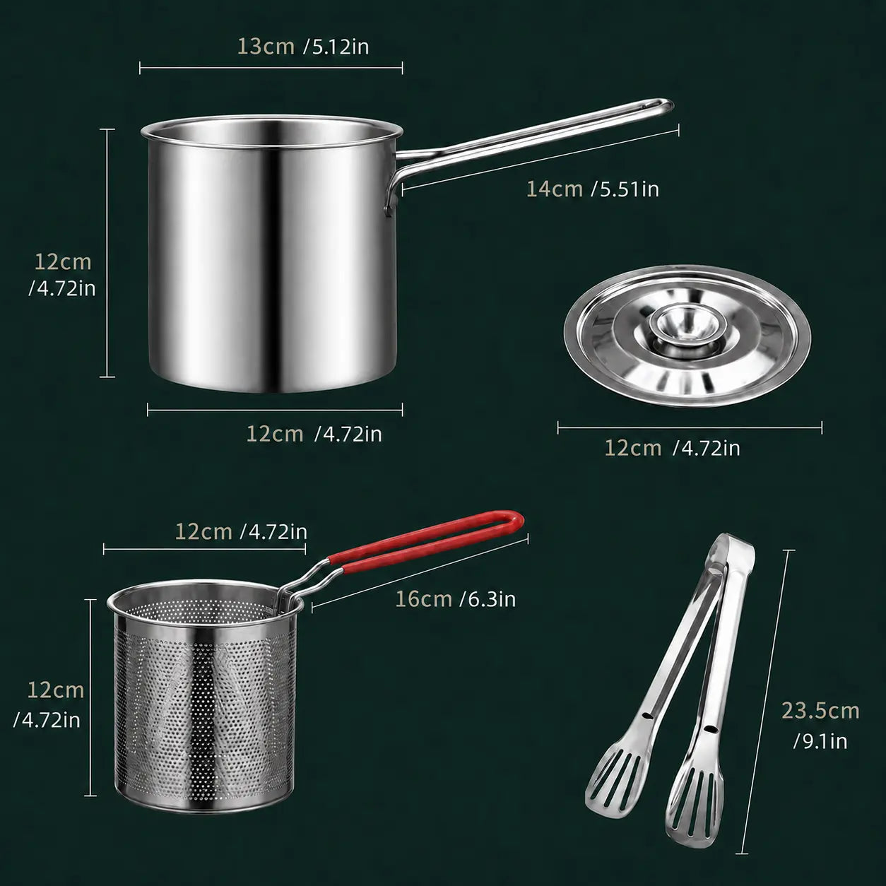 Set de mini freidora de acero inoxidable de 3 piezas – Olla portátil con cesta coladora y pinzas para alimentos