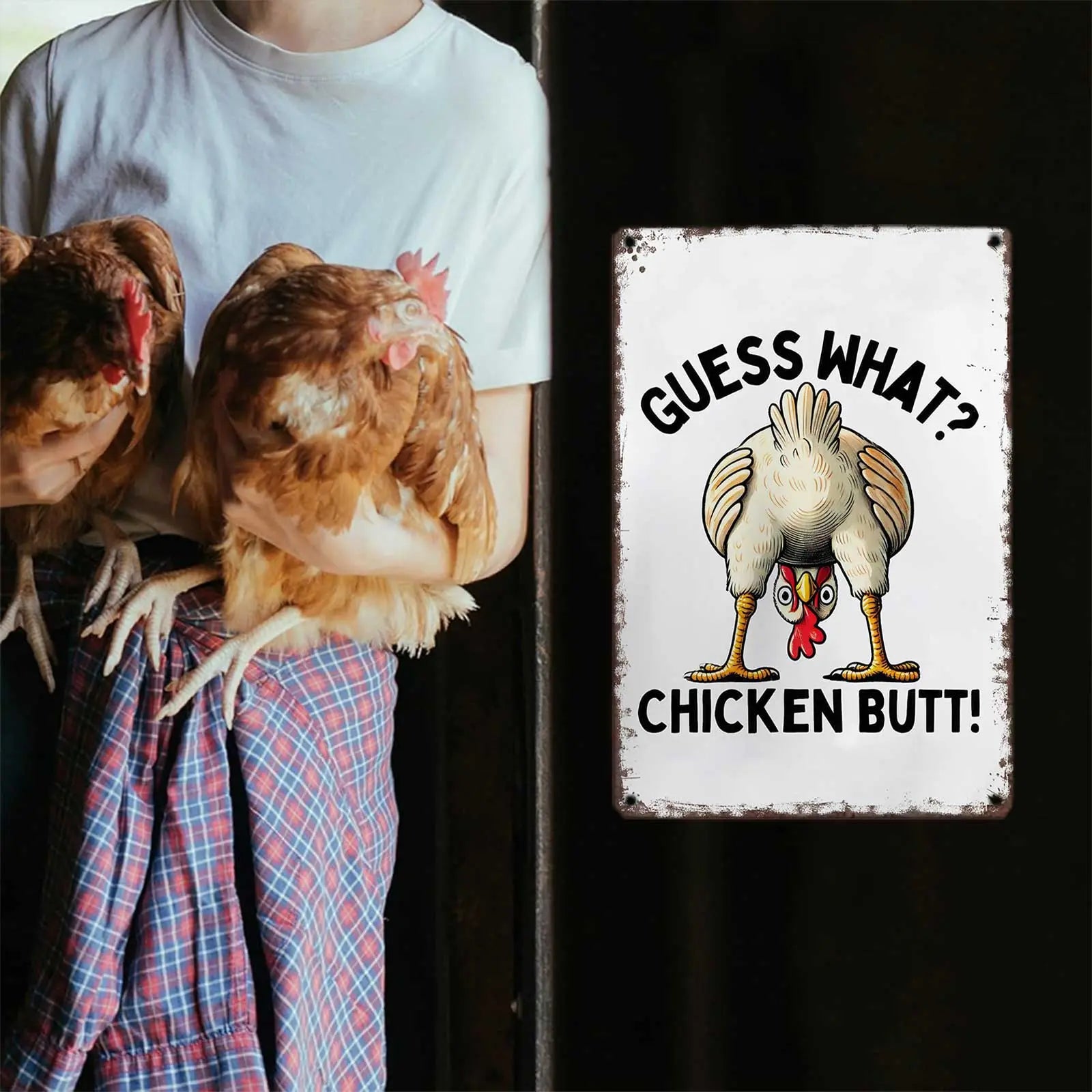 Guess What? Chicken Butt! Funny Chicken 8x12 Inch Aluminum Metal Sign - Humorous Wall Decor for Kitchen, Farmhouse, Chicken Coop, Dorm Room - Retro Tin Sign Gift for Chicken Lovers & Humor Fans