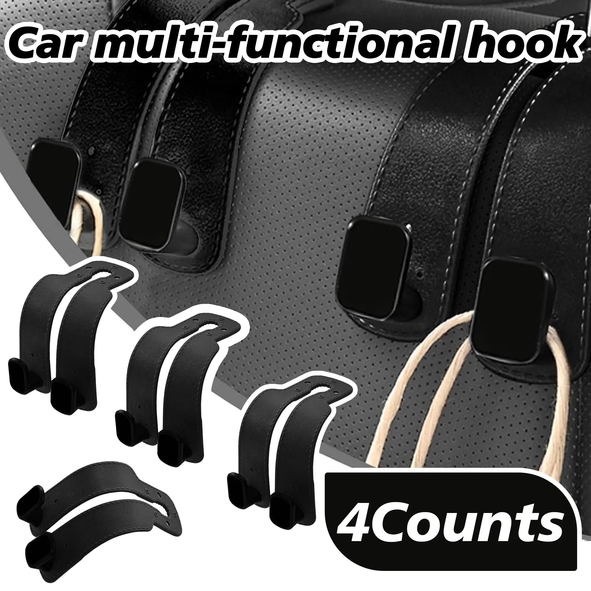 4PCS Faux Leather Car Headrest Hooks: Double-Hook Organizer for Bags & Essentials