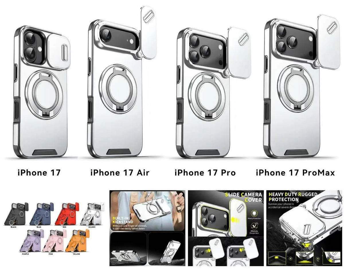 Military-Grade Magnetic Protective Case with Sliding Camera Cover & 360° Rotatable Ring Stand for iPhone 17 Pro Max