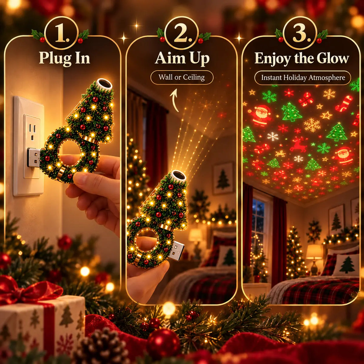 2026 New USB Christmas Projector Lamp – 6 Holiday Patterns Ceiling Night Light for Bedroom Decor