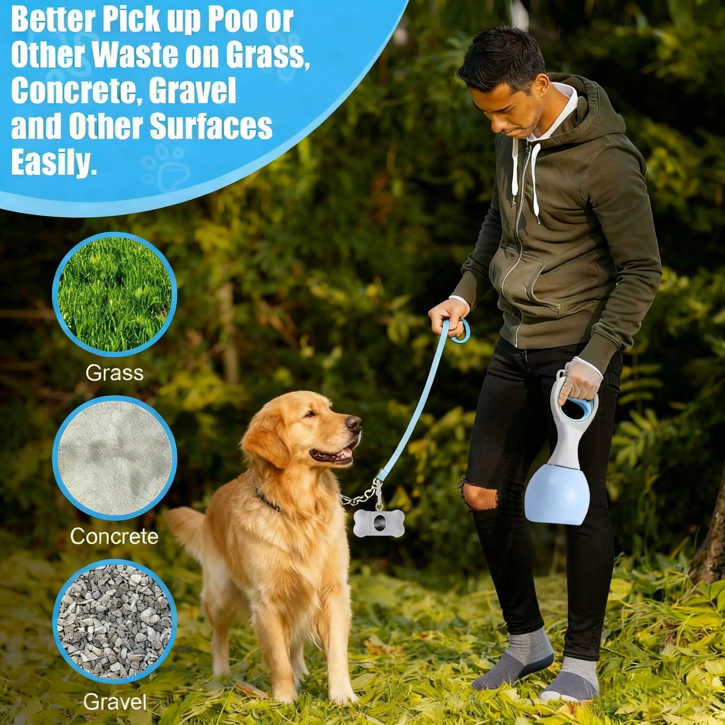 Dog Poop Scooper Set with Waste Bag Dispenser & 15 Refill Bags