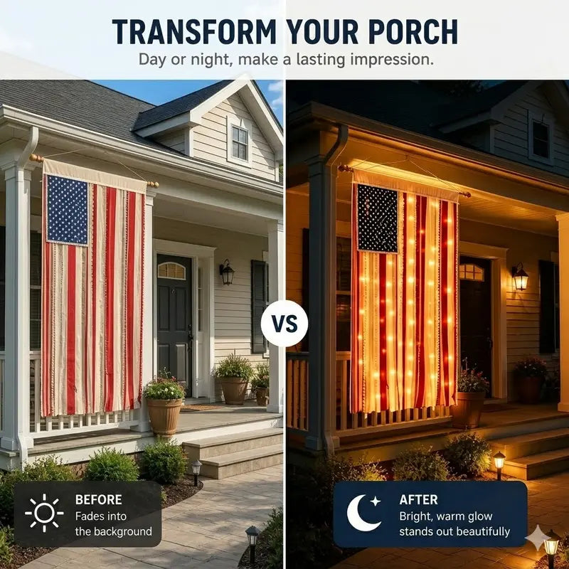 Lighted American Rag Flag Banner With LED Fairy Lights, 4x2.3 Ft Rustic Patriotic Tassel Garland For 4th Of July Decoration, Aesthetic Americana Wall Hanging For Porch Yard Party, Independence Day Celebration Home Decor 250th Anniversary