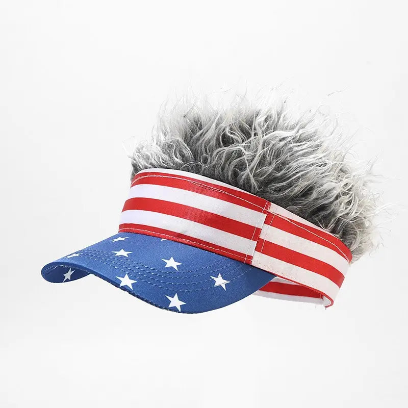 Patriotic US Flag Visor Hat with Fake Hair Wig