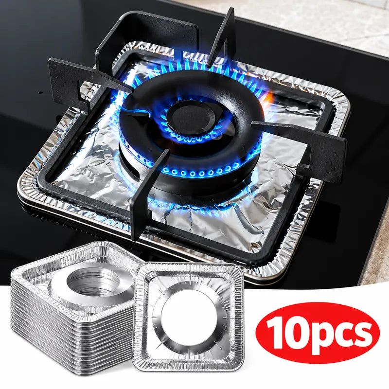 10-Piece Disposable Aluminum Foil Gas Stove Burner Cover – Heat-Resistant Protector Pad