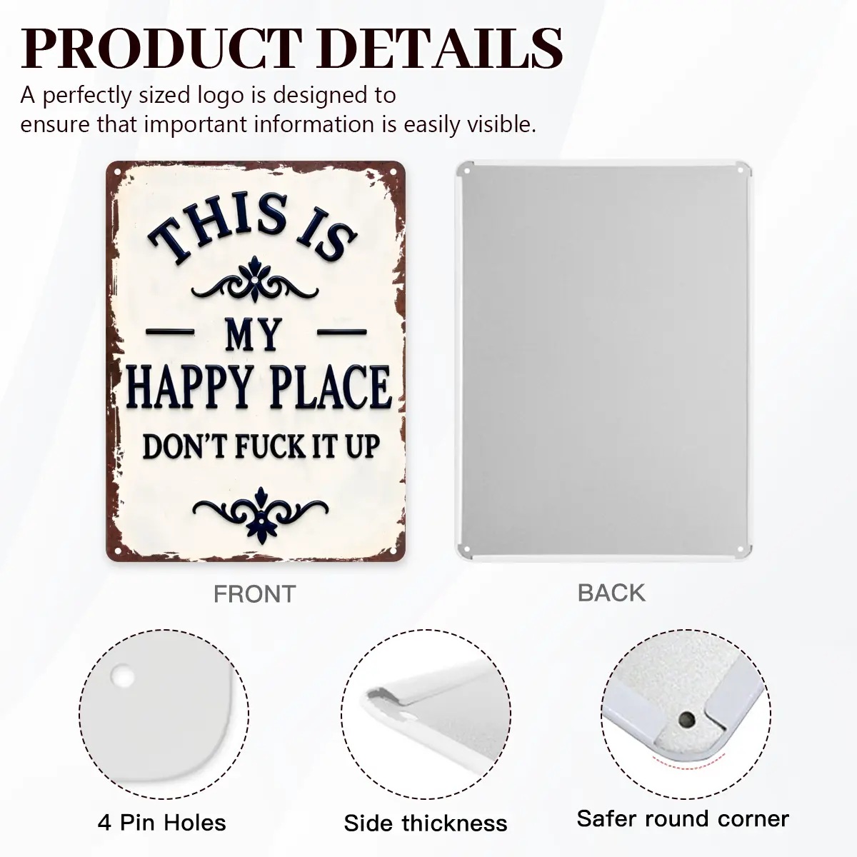 Letrero de metal "My Happy Place Don't Ruin The Fun" - Decoración de pared rústica de aluminio de 8x12 pulgadas
