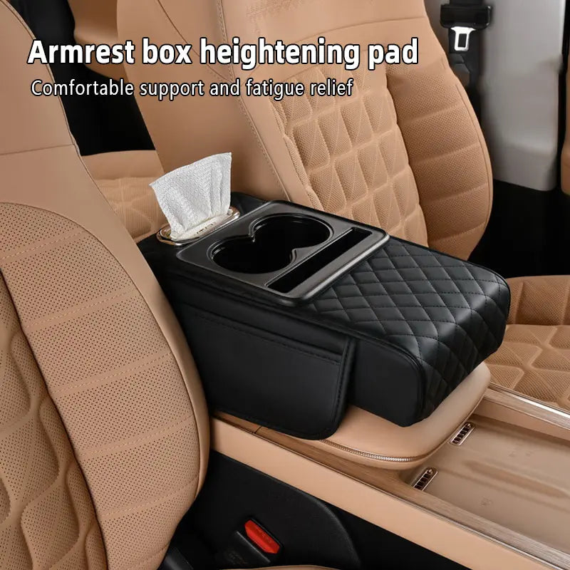 Car armrest storage bag, multi-functional 4-in-1 mat, suitable for car armrests, car storage bags, car center console organizers, and includes cup holders and phone holders, ideal for long-distance driving trips.