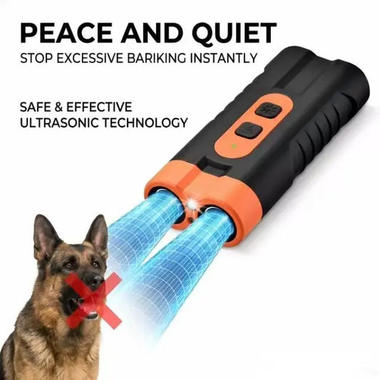 Ultrasonic Dog Barking Deterrent Training Tool - USB-Rechargeable, Dual Emitter, 50ft Range, 25KHz Frequency, Flashlight, Portable Grip, Kit Included for Indoor & Outdoor Dog Behavior Control