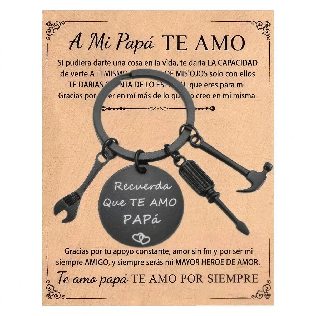 Father's Day Tool Keychain with Gift Box, Stainless Steel Mini Hammer Wrench Screwdriver Key Ring Engraved "Recuerda Que Te Amo Papá", Birthday Gifts for Dad Papa Grandpa