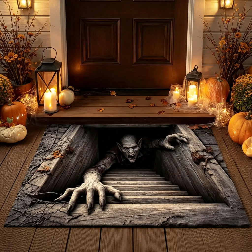 Halloween Front Door Mat – Festive 3D Visual Skull & Clown Horror Rug