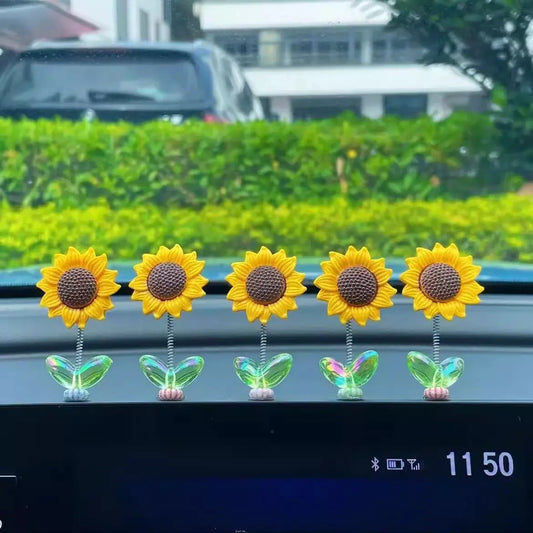 JOYTUTUS 5 Pcs Car Center Console Dashboard Ornament,Sunflower Car Dashboard Decor,Creative Shaking Head Flower Car Interior Accessory