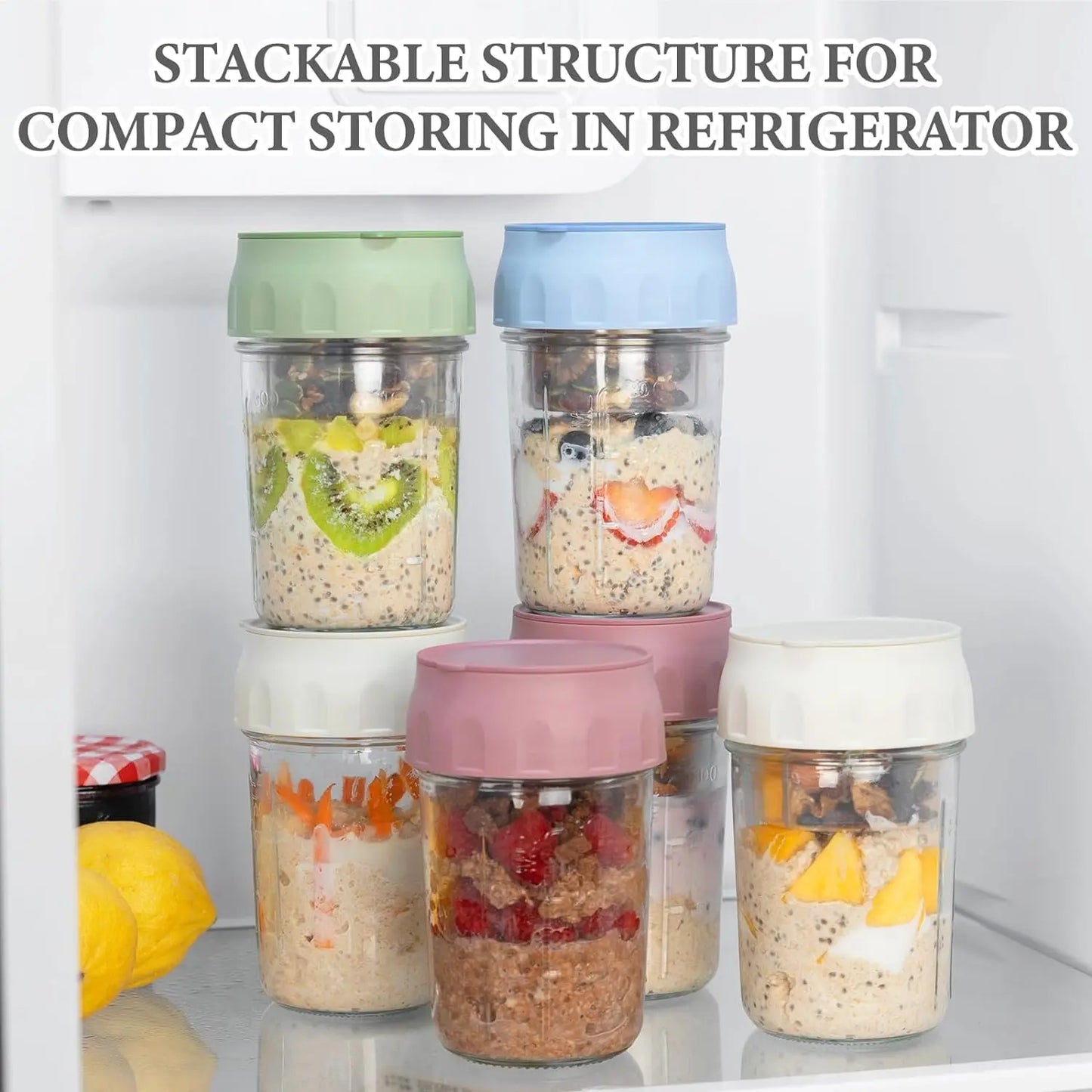 16oz Overnight Oats Containers with Folding Spoon & Divided Compartments, Portable Glass Jars for Oatmeal, Yogurt, Fruit & Meal Prep
